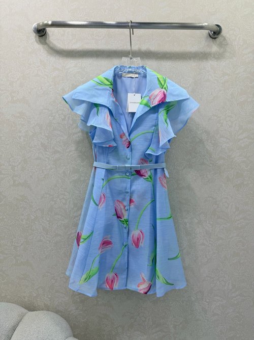 Zimmermann V-Neck Ruffled Short Dress with Tulip Print and Waist Belt