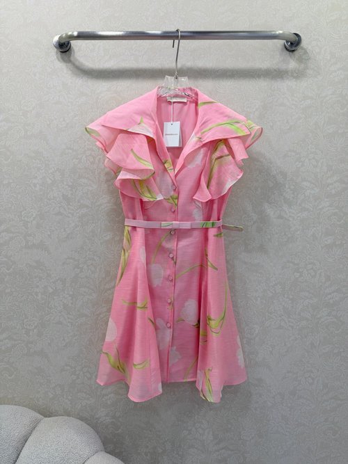 Zimmermann V-Neck Palace Lace Short-Sleeved Printed Dress with Waist Belt