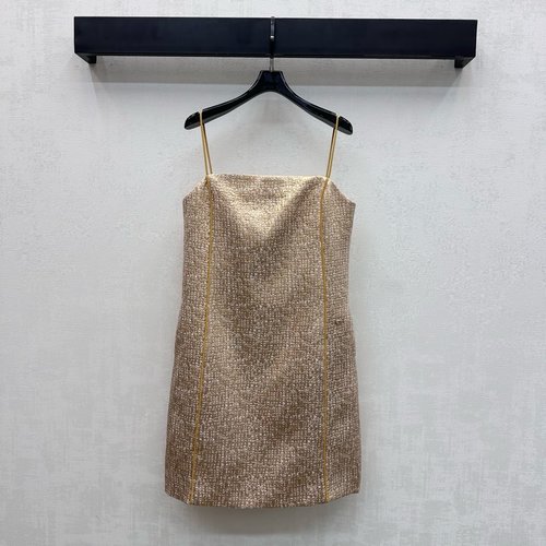 Chanel Custom Imported YB Silk-Wool Strapless Dress with Golden Texture