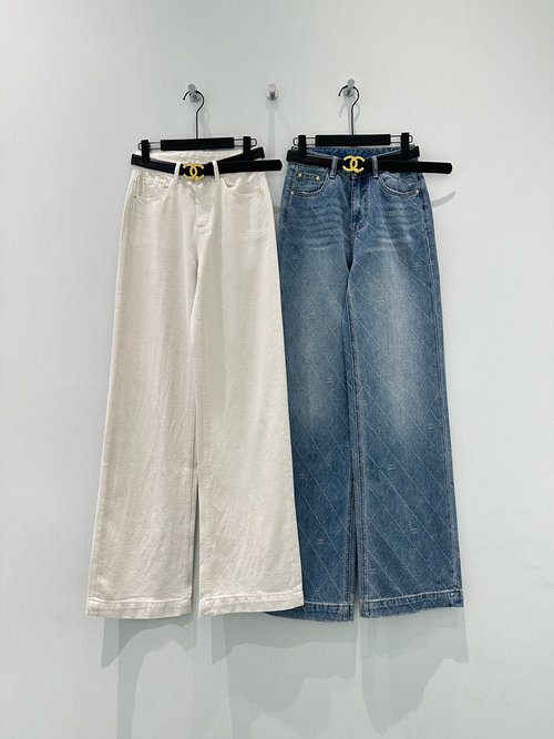 Chanel Tweed Checked High-Waist Jeans with Belt for Versatile Styles