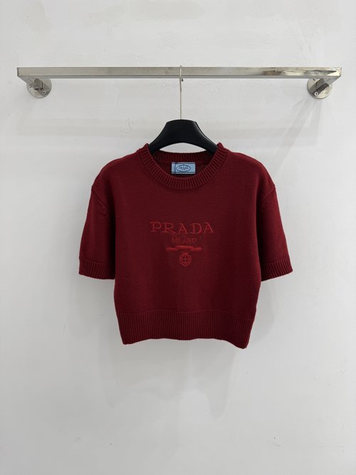 Prada Short Sleeved Knit Sweater with Letter Embroidery