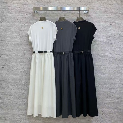 Chanel Elegant Belted Waist Cotton Dress with Metal Logo