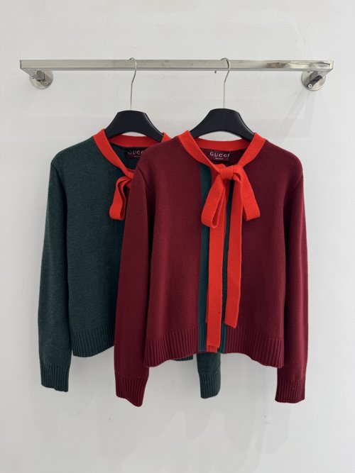 Gucci Lace-Up Spliced Knit Cardigan in Dark Green and Burgundy