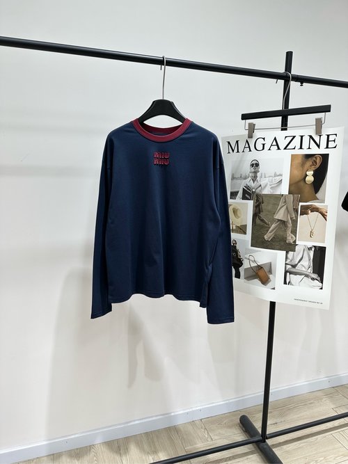 Miu Miu Navy Blue Cotton Long - Sleeve T - Shirt with Embroidered Logo