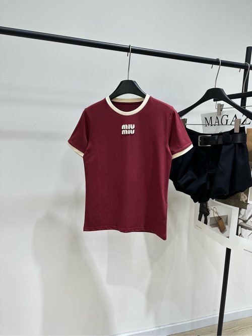 Miu Miu Wine - Red Cotton Short - Sleeve T - Shirt with Embroidered Letters