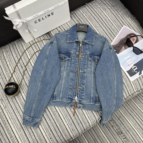 Celine Collar Denim Jacket with Double Zipper and Back Fold