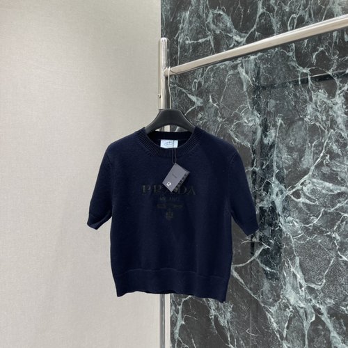 Prada Logo Embroidery Knit Short - Sleeve, Elegant Versatility