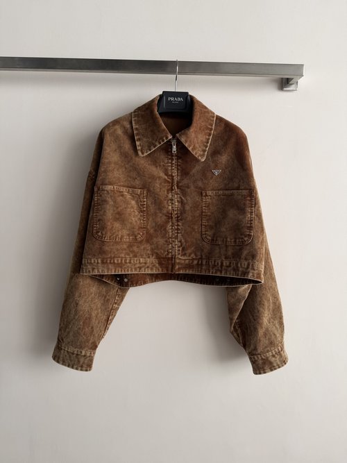 Prada Short Corduroy Jacket with Metal Triangle Logo
