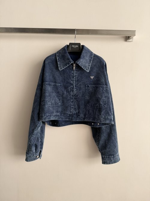 Prada Short Corduroy Jacket with Metal Triangle Logo