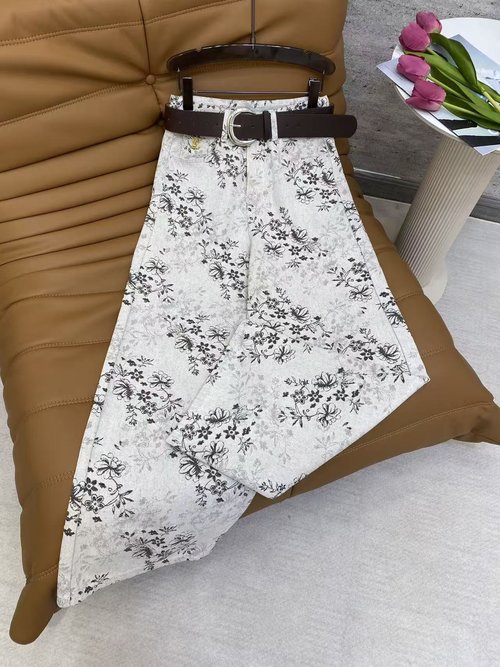 Loewe White Denim Wide-Leg Jeans with Black-White Floral Prints
