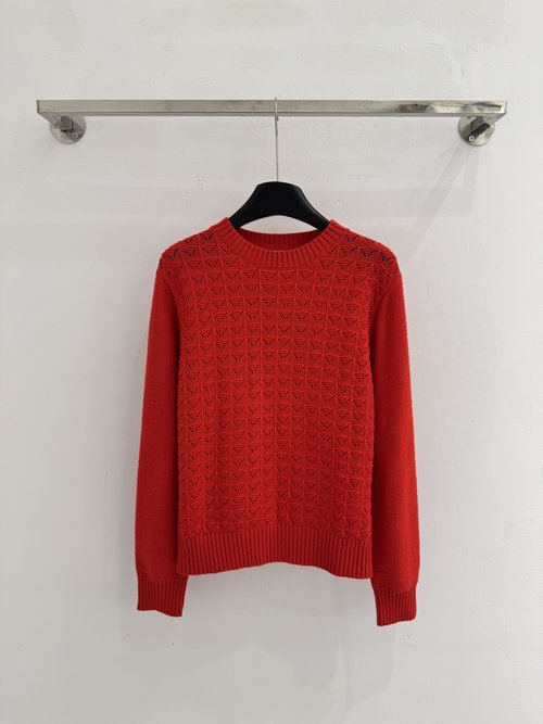 Miu Miu Red Knit Round Neck Pullover with Hollow Pattern for Seasonal Wear
