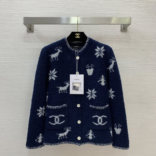 Chanel High-End Wool Blend Snow Deer Pattern Knit Cardigan
