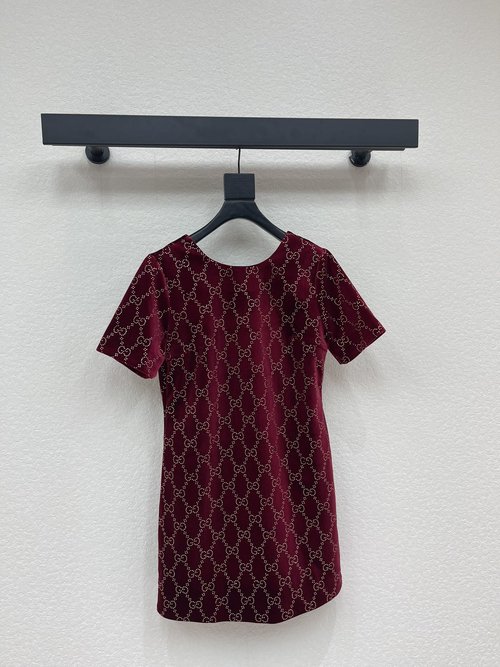 Gucci Vintage Burgundy Double G Studded Velvet Short Dress
