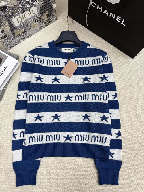 Miu Miu Classic Stripe and Logo Knitted Round Neck Pullover