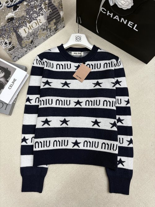 Miu Miu New Knitted Round Neck Pullover with Stripe and Logo
