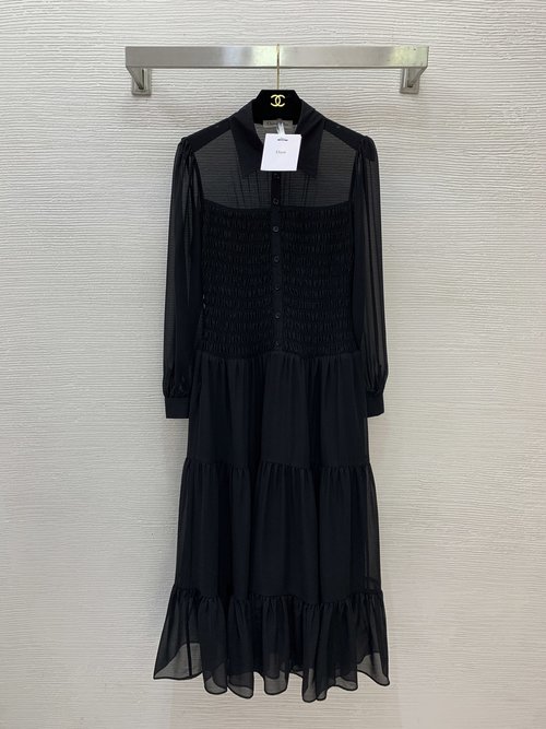 Dior Long-sleeved Ruffled Collar Dress with Logo Buttons