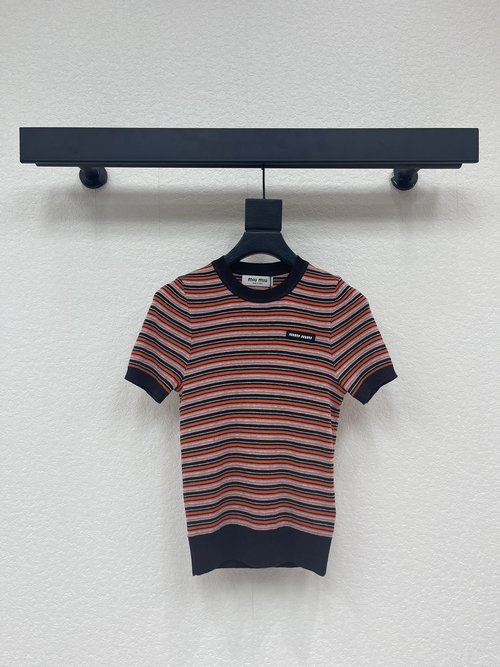 Miu Miu Round-Neck Striped Knit Short-Sleeve Top, Retro Style