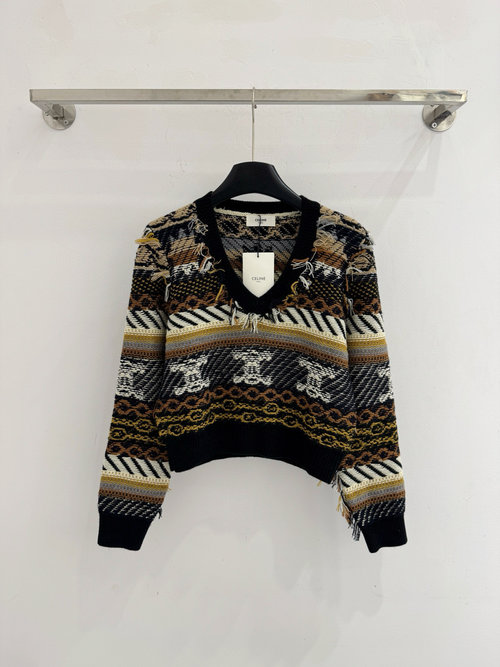 Celine Fair Isle V-Neck Knit Sweater, Retro Nordic Fashion