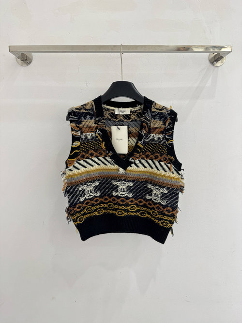 Celine Fair Isle V-Neck Knit Vest, Retro Nordic Style