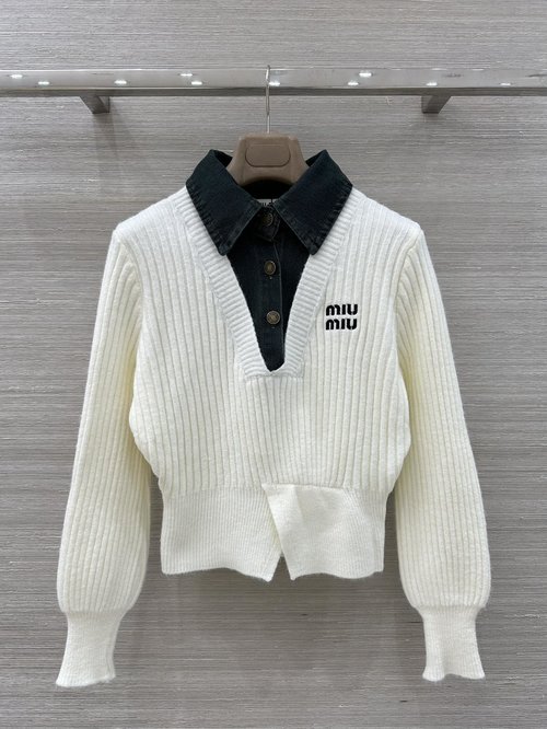 Miu Miu Miu-style Denim Trimmed Color-blocked Cardigan