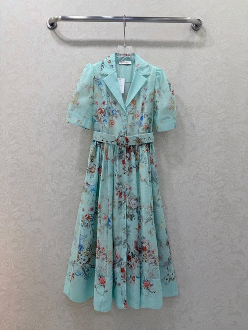 Zimmermann Two-piece Floral Long Dress with Button Placket and Lantern Sleeves