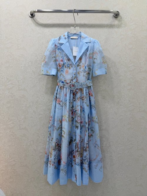 Zimmermann Two-piece Floral Long Dress with Button Placket and Lantern Sleeves