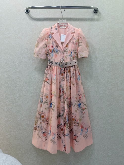 Zimmermann Two-piece Floral Long Dress with Button Placket and Lantern Sleeves