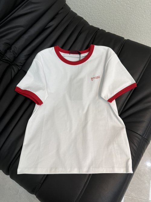 Gucci Contrast Trim Letter Embroidered Round Neck T-Shirt