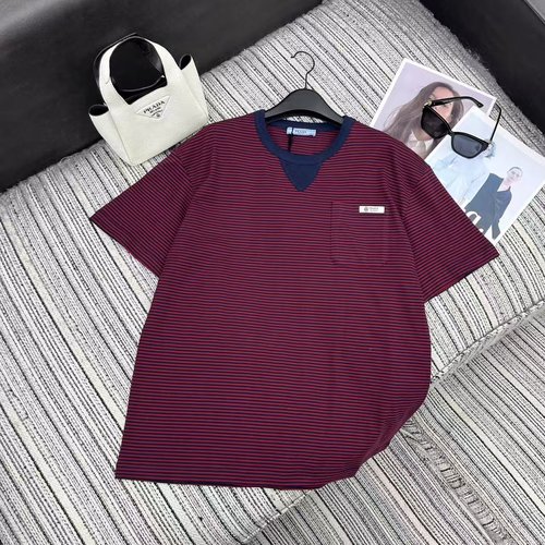 Prada Red Stripe Relaxed Short - Sleeved T - Shirt with Mini Logo