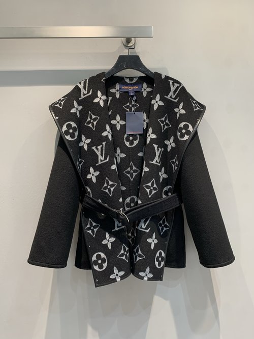 Louis Vuitton Chic Wool Silk Blend Wrap Coat featuring Large Collar