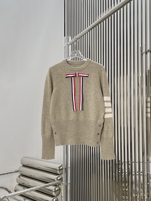 Thom Browne Maillard Knit Crew Neck Sweater with Bow Brooch