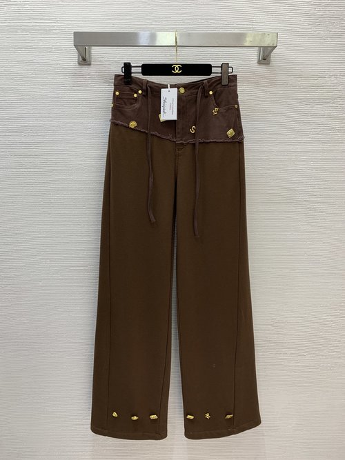 Schiaparelli Fashionable Black and Brown Denim Wide-leg Pants with Gold Accessories