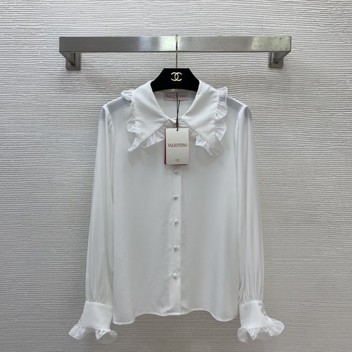 Valentino Button - Up Long Sleeve Crepe Silk Shirt with Ruffle