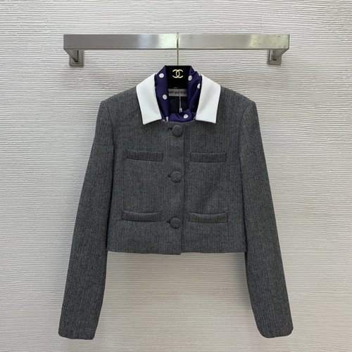 Prada High-End Custom Herringbone Wool Short Sleeve Jacket with Detachable Collar