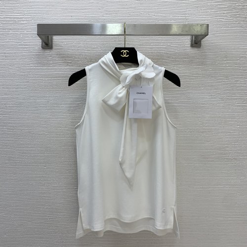 Chanel Elegant Sleeveless Top with Camellia Bow and Double-C Decor