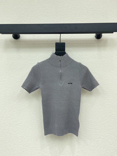 Miu Miu Half - zip Collared Knit Short - sleeve Top for Layering