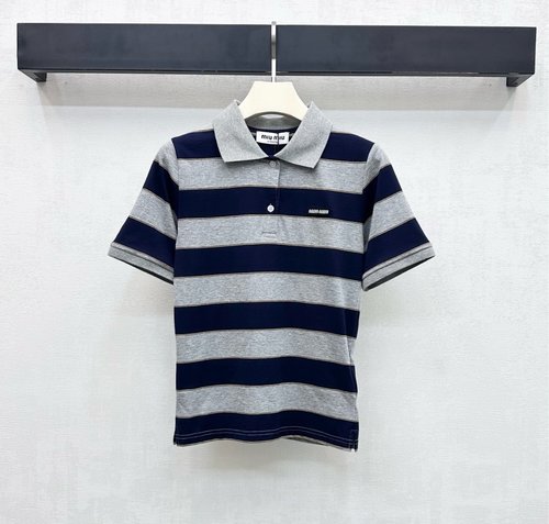 Miu Miu Custom Imported YB Cotton Polo Collar Striped Top