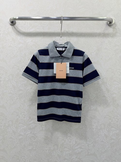 Miu Miu Stripe Collar Short-Sleeved Polo Top with Logo