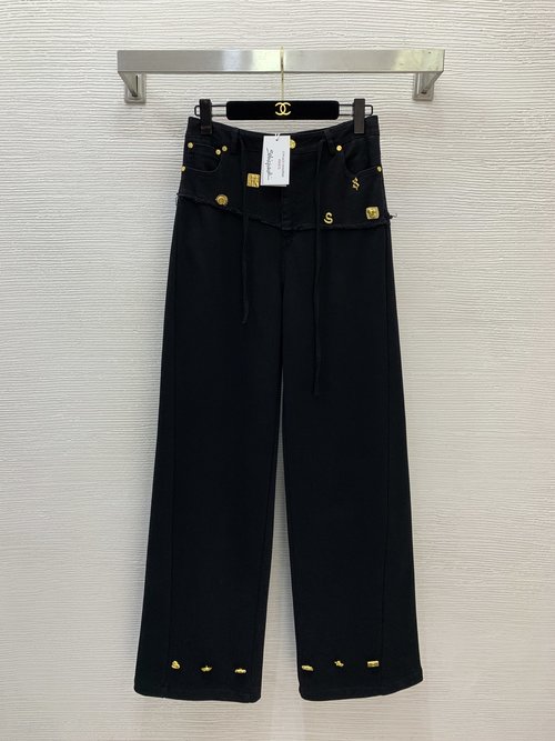 Schiaparelli Stylish Cowboy Stitched Wide-leg Trousers with Gold Accessories