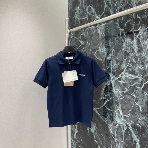 Miu Miu Classic Collared Short-Sleeve Tee with Logo Embroidery