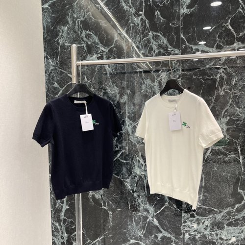 Dior Clover-Embroidered Knit Short Sleeve Top, Elegant & Versatile