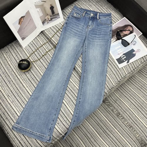 Chanel Studded Flare Denim Trousers with Double C Logo