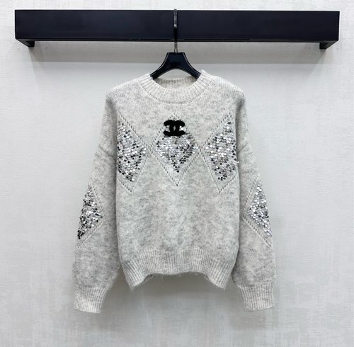 Chanel Round Neck Pullover Sweater with Sequin Logo and Diamond Pattern
