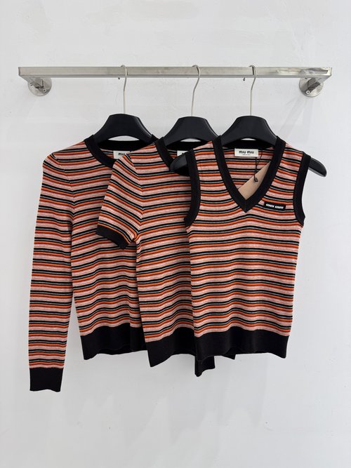 Miu Miu Lightweight Slimming Sleeveless V-neck Striped Knit Top