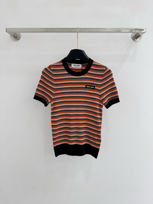 Miu Miu Classic Color-Blocked Striped Short-Sleeved Top