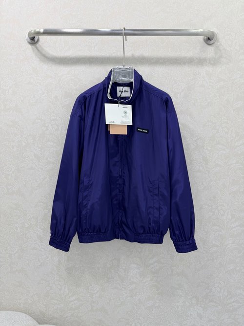 Miu Miu Stand - up Collar Embroidered Logo Quick - Dry Jacket with Stripes