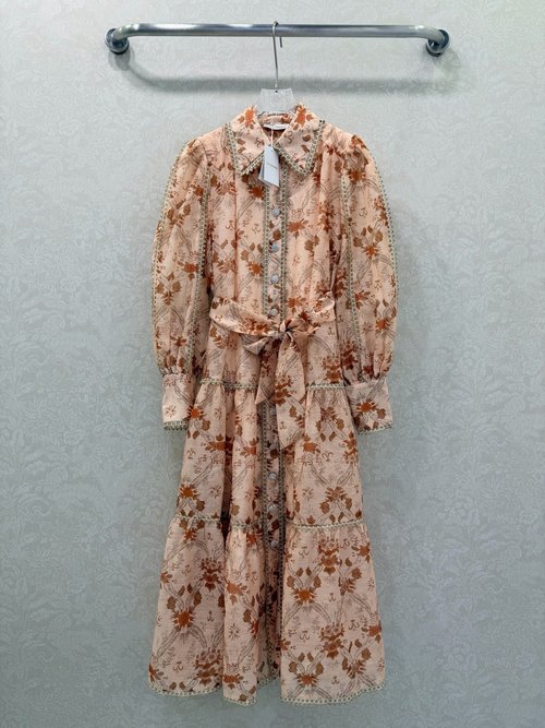 Zimmermann Golden Lace Trimmed Ruffled Oversized Skirt Dress with Belt