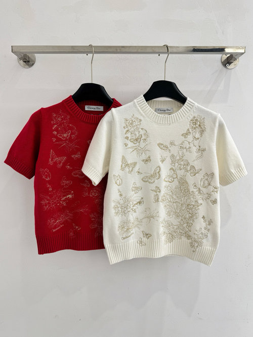 Dior Butterfly and Flower Embroidery Round Neck Knit Short Sleeve in Red and White