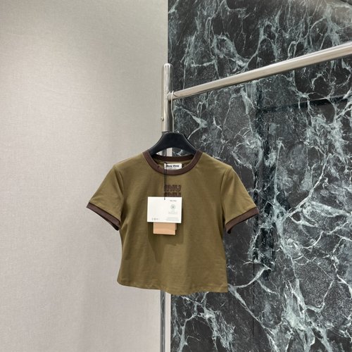 Miu Miu Contrast Cropped Short-Sleeve T-Shirt with Logo, High-End Style