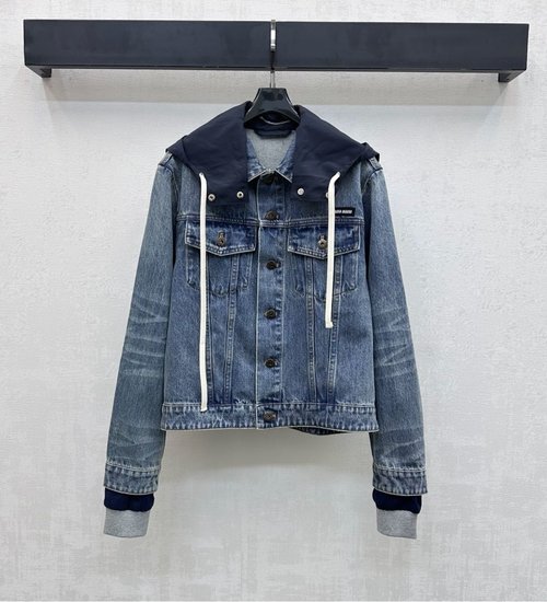 Miu Miu Versatile Denim Jacket with Detachable Hood and Logo Accent